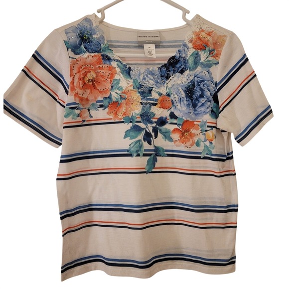 Alfred Dunner Tops - Alfred Dunner Petite Floral Striped Short Sleeve Top Womens P